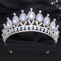 Elegant silver bridal tiara with light blue teardrop crystals for wedding party - H1221 Silver White + Blue Opal