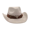 Grey western cowboy hat featuring brown faux leather band and silver bull head ornament - One Size / Gray