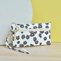 Women's minimalist daisy print canvas phone clutch with double zippers and wristlet strap - White