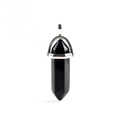 Detailed macro view of black obsidian hexagonal crystal pendant with silver clasp - Black