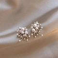 Silver-plated firework earrings with white cluster pearls and sparkling zircons - 54# Firework Fountain Silver (54# Silver Pin-Silver-Firework)