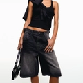 High-waisted loose denim shorts in washed black featuring a vintage street style look - S / Black