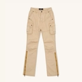 Detail of khaki cargo pants featuring drawstring waist, side flap pockets and hem zippers - S / Wheat