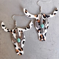 Detail of leopard print bull skull earrings with turquoise and silver cactus accent - 4-Dark Leopard Print