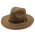 Detail of brown straw fedora featuring a black leather band and golden buckle - M (56-58cm) / Coffee