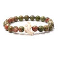Elastic unakite beaded bracelet with a white turquoise dolphin charm for men and women - Unakite