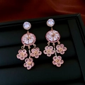 Vintage flower drop earrings in rose gold with pink and white cubic zirconia crystals - 55# Silver Earring Post - Gold - Pink - Flower Rhinestone Long Dangle