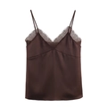 Dunkelbraunes Satin-Unterhemd mit Spitze und V-Ausschnitt für elegante Damen - XS / Dunkelbraun