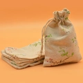 Linen drawstring pouches with green leaf and pink flower print for gifts and sachets - Branch Flowers