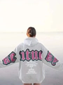 Back view of light grey oversized hoodie featuring Adventure graphic print and artistic text - S / Light Gray