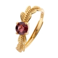 Elegant gold-plated S925 silver ring featuring a round red gemstone and leaf motifs - Natural Garnet Gold
