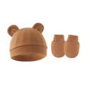 Newborn baby hat and anti-scratch mittens set with bear ears in warm brown knit - Hat And Gloves / Caramel color