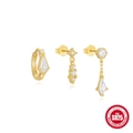 Three-piece set of S925 sterling silver gold-plated geometric earrings with clear zircon stones - 3Pcs Set - Gold #4 / 925 Silver