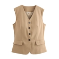 Dames v-hals vest in kaki met vier zwarte knopen en decoratieve zijzakken - XS / Khaki