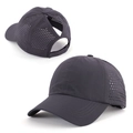 Detail view of dark grey quick-dry baseball cap with laser-cut holes and ponytail hole - Adjustable / Dark Gray