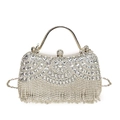 Elegant silver evening clutch bag with sparkling rhinestones and delicate tassel details - Silver