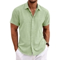 Camicia casual da uomo in cotone e lino verde chiaro a maniche corte con colletto - Taglia S / Top / Verde militare