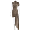 Detail of slim fit asymmetrical dress with pleated texture and side ribbons - M / Khaki