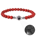 Detail of red beaded bracelet with projection stone showing I Love You in 100 languages - Round-Red Turquoise