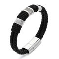 Men's braided leather bracelet with black and white cords and magnetic metal clasp - Black Strap Silver Buckle