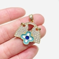 Golden clover pendant with blue and white zircon micro-inlay for necklaces - Paved Clover
