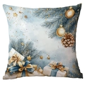 Blauwe kerstkussenhoes met aquarel dennentakken, gouden ornamenten en geschenkdozen - CRD513-1 / Blauw Goud Kerstcadeau