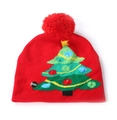 Bonnet LED de Noël rouge avec motif sapin vert, pompon rouge et bouton marche/arrêt - Adulte (Élastique) / Sapin de Noël Fond Rouge (Sans Revers)
