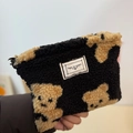 Plüsch-Kosmetiktasche in Schwarz mit Teddybär-Muster und Time to Party Etikett - Schwarzer Bär