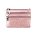 Pink metallic leather coin purse with three zipper pockets and silver keychain ring - Rose Gold