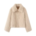 Women's beige faux fur jacket with lapel collar and long sleeves for winter fashion - XS / Khaki