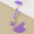 Detailed view of purple resin face roller set with rose gold metal and heart gua sha tool - Resin Roller Purple