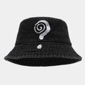 Close-up of white spiral embroidery on a black washed denim bucket hat with vintage texture - Adjustable / Black