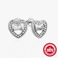 925 sterling silver heart earrings with Family engraving and sparkling zirconia stones - Family-Micro-set White Zirconia