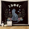 Detailed mystic cat silhouette tapestry featuring moon phases, stars and floral patterns - Mystical Star Cat (ZJ715-1)