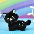 Close-up of cute black plush cat keychain with embroidered details and collar - Lying Style / 12cm / Black