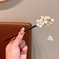 Classic sandalwood hair pin with lily of the valley tassels and white flower charm - Dancing Butterfly Wood