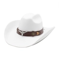 Klassieke witte vilten cowboyhoed met 9,5 cm rand en bruine leren band met stierenkop - M(56-59CM) / Zwart