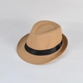 Close-up of woven straw Panama hat with black ribbon detail for summer outdoor style - L(58-60) / Khaki