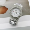 Macro view of DILUOHAO silver men's watch with industrial bezel and protective film on band - Style A Silver Case Silver Band White Face