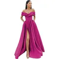 Elegant off-shoulder magenta satin evening gown with high slit and cinched waistline - US 2 / Rose Red