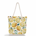 Detail of lemon print canvas tote bag with rustic nautical rope handles and summer fruits - Hand-painted Lemon Leaf Print (ms0646)