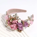 Detail of baroque headband with pink satin roses, large pearls and marquise rhinestones - Korean Pink