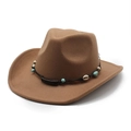 Detail of camel wool felt cowboy hat featuring bohemian turquoise and shell beaded band - M (56-58cm) / Khaki