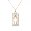 Collana placcata oro 18K con ciondolo rettangolare traforato e croce di zirconi colorati - Croce Cava in Zirconia Colorata