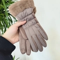 Guanti invernali da donna color marrone chiaro con bordo in pelliccia e dettaglio touch - Taglia unica / Cachi Opaco S076