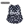 Navy blue polka dot pet dress with a large bow and metal D-ring for leash attachment - White Polka Dot