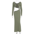 Detail of olive green long sleeve maxi dress with asymmetrical waist cutout design - S / Green