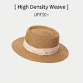 Beige flat top straw hat with creamy fabric band and UPF50+ sun protection feature - Indented Fedora - Khaki with Beige Ribbon