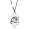 Oval stainless steel necklace with engraved floral pendant in polished silver finish - September Aster (KN227542-Z)