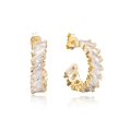 Golden C-shaped earrings with baguette-cut clear stones and S925 silver needles - Gold White Baguette Cubic Zirconia C-Shape Earrings